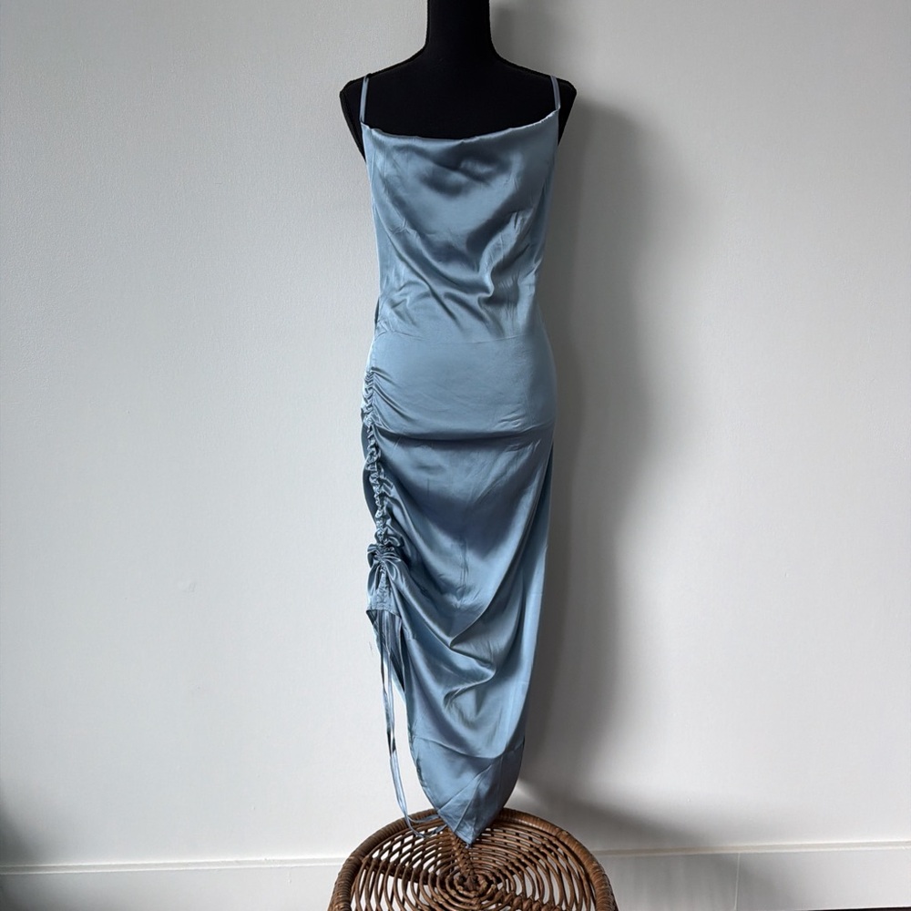 Elegant Sky-Blue Satin Ruched Slip Dress